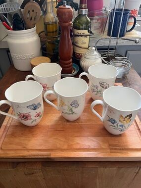 Lenox White Porcelain Mugs with Floral and Butterfly Accents - Set of 5